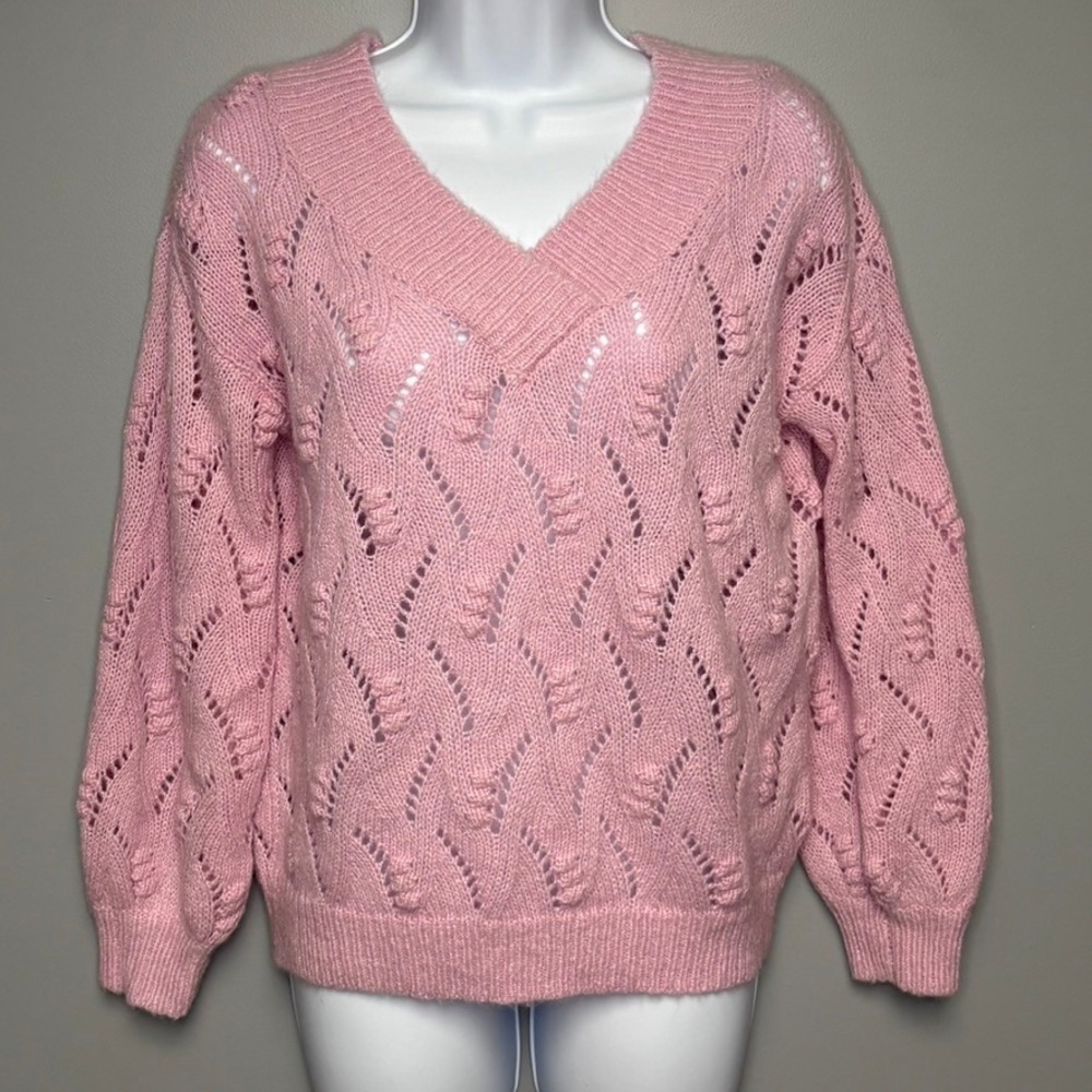 Heartloom Pastel Pink Cozy Feminine Pointelle Knit Wool Blend Sweater Sz S